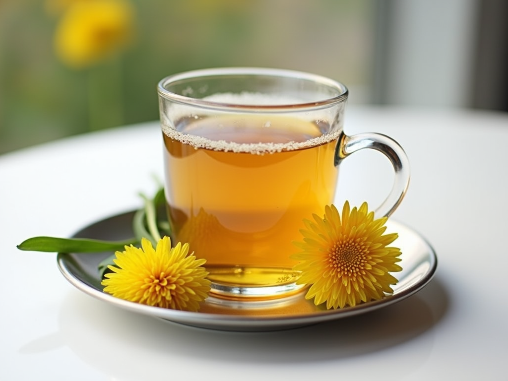 Cup of brewed dandelion tea with dandelion flowers